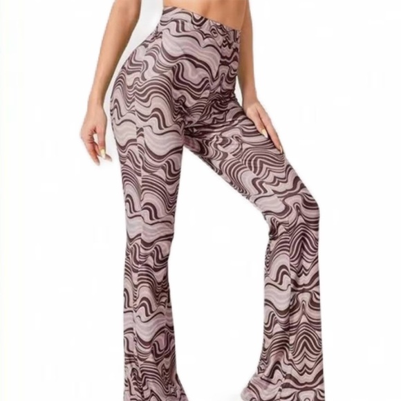 TRIPPY PATTERN BROWN AND MAUVE FLARE STRETCHY HIGH WAISTED DANCE PANTS - Picture 1 of 7